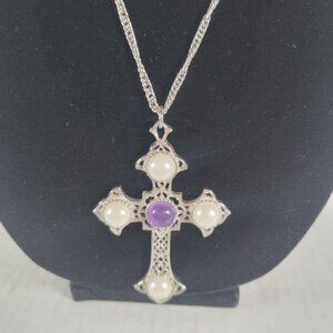Vintage Sarah Coventry Religious Modest Silver Pearl Cross Chain 24" Necklace